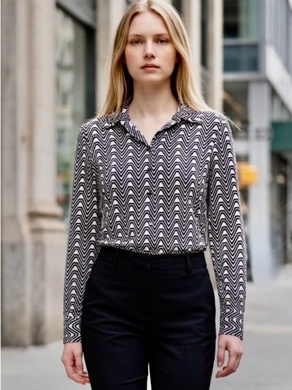 Philosophy Button-Down Black and Cream Print Blouse